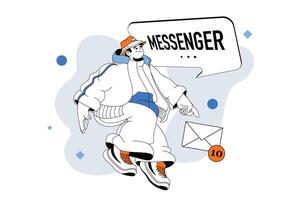 Messenger outline web modern concept in flat line design. Man gets notifications with new letters and using app for online chatting. illustration for social media banner, marketing material. vector