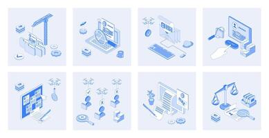 HR process 3d isometric concept set with isometric icons design for web. Collection of online resume searching, candidate job interview, choose applicants, company employment. illustration vector