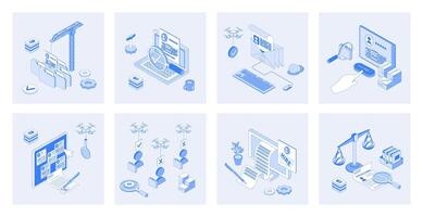 HR process 3d isometric concept set with isometric icons design for web. Collection of online resume searching, candidate job interview, choose applicants, company employment. illustration vector