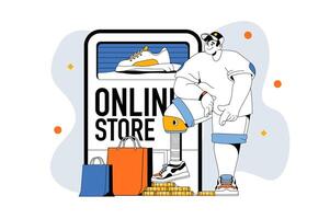 Online shopping outline web modern concept in flat line design. Man choosing goods, makes purchase in internet store, paying in app. illustration for social media banner, marketing material. vector