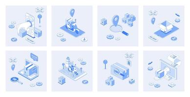 Delivery service 3d isometric concept set with isometric icons design for web. Collection of courier delivering, fast shipping, online tracking location, parcel transportation. illustration vector