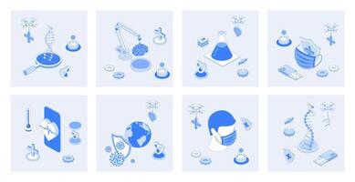 Medicine 3d isometric concept set with isometric icons design for web. Collection of dna genetics researches, laboratory experiments, chemical tests, vaccination and healthcare. illustration vector