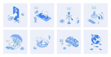 Travelling 3d isometric concept set with isometric icons design for web. Collection of online tickets booking, passenger flight transportation, resort tour, summer trip location. illustration vector