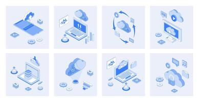 Cloud storage 3d isometric concept set with isometric icons design for web. Collection of uploading and downloading data, online backup system, cyberspace processing and computing. illustration vector