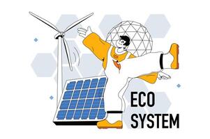 Eco system outline web modern concept in flat line design. Man using solar panels and wind turbines for alternative energy generation. illustration for social media banner, marketing material. vector