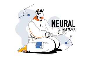 Neural network outline web modern concept in flat line design. Man interacting with artificial intelligence and machine learning. illustration for social media banner, marketing material. vector