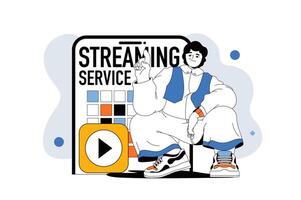 Streaming service outline web modern concept in flat line design. Man watching or cinema and using online content stream app. illustration for social media banner, marketing material. vector