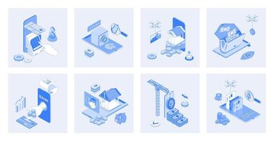 Mobile banking 3d isometric concept set with isometric icons design for web. Collection of cash withdrawal at atm, fingerprint access in bank app, financial account management. illustration vector