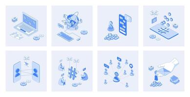 Social network 3d isometric concept set with isometric icons design for web. Collection of internet friends connection, chatting and messaging apps, posting comments with emoji. illustration vector