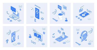 Customer support 3d isometric concept set with isometric icons design for web. Collection of clients chat or call, solving problems online, technical solution center with feedback. illustration vector