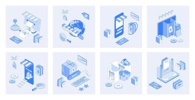 Online shopping 3d isometric concept set with isometric icons design for web. Collection of orders paying, purchasing at sales, internet commerce, customer gifts and discounts. illustration vector