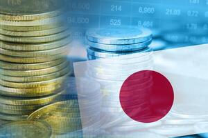 Stock market investment trading financial, coin and Japan flag , finance business trend data background. photo