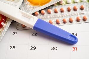 Pregnancy test and birth control pills on calendar, contraception health and medicine. photo