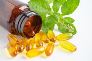 Fish oil vitamin with EPA and DHA,Alternative medicine herbal organic capsule with vitamin E omega 3. photo