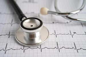 Stethoscope on electrocardiogram ECG, heart wave, heart attack, cardiogram report. photo