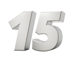 Silver 3d numbers 15 Fifteen. 3d illustration png