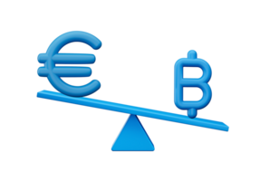 3d branco euro e baht símbolo em arredondado azul ícones com 3d Saldo peso gangorra, 3d ilustração png