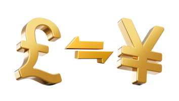 3d dourado libra e iene símbolo ícones com dinheiro troca Setas; flechas , 3d ilustração png