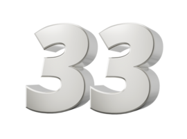 Silver 3d numbers 33 thirty three. 3d illustration png