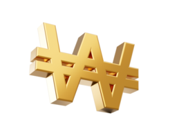 golden gewonnen Währung Symbol isoliert, 3d Gold gewonnen Symbol, 3d Illustration png