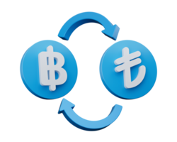 3d White Baht And Lira Symbol On Rounded Blue Icons With Money Exchange Arrows, 3d illustration png