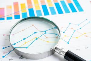 Magnifying glass on spreadsheet and graph paper. Financial development, Banking Account, Statistic, Investment Analytic research data economy, Business. photo