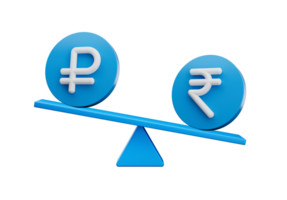 3d White Ruble And Rupee Symbol On Rounded Blue Icons With 3d Balance Weight Seesaw, 3d illustration png