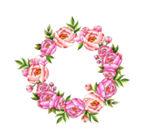 Watercolor round frame wreath featuring pink peonies, buds, and leaves. This botanical composition is isolated from the background, making it perfect for decor, stationery, wedding invitations, png