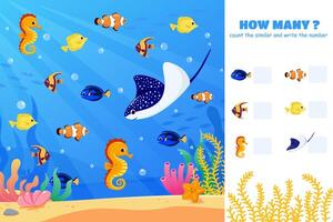 How many game. Counting game with different sea creatures. Cute counting game with illustrations vector