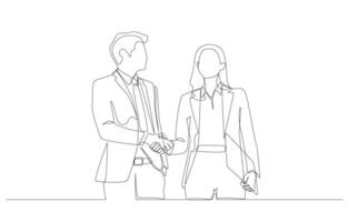 Continuous one line drawing of businessman shaking hands with businesswoman to make agreement on work, cooperation, partnership, business deal concept, single line art. vector