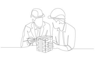 Continuous one line drawing of construction manager discussing building model with customer, construction design consultation concept, single line art. vector