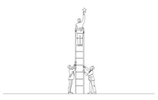 Continuous one line drawing of employees support colleague to climb up ladder to catch star, teamwork or cooperation for best quality work concept, single line art. vector