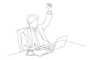 Continuous one line drawing of businessman raising one hand into fist while working in front of laptop, work success concept, single line art. vector