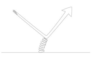 Continuous one line drawing of arrow bouncing up from springboard, economic recovery, stock market rebound concept, single line art. vector