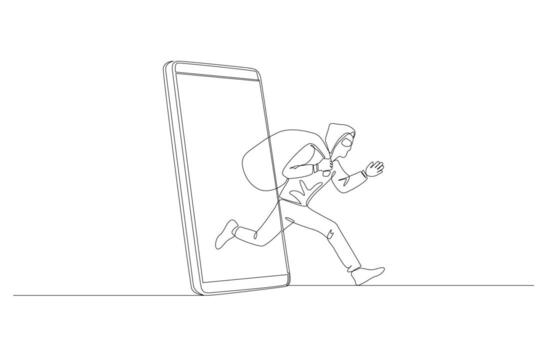 Continuous one line drawing of thief running from smartphone screen with money bag, call center scammer problem concept, single line art. vector
