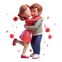 Love couple embraced in a tender hug, surrounded by delicate rose petals floating in the air png