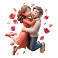 Love couple embraced in a tender hug, surrounded by delicate rose petals floating in the air png