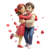 Love couple embraced in a tender hug, surrounded by delicate rose petals floating in the air png