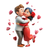 Love couple embraced in a tender hug, surrounded by delicate rose petals floating in the air png