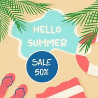 design of the summer sale banner. The text of the summer promo offer with beach elements on a background of sand and water. illustration of flyers. vector