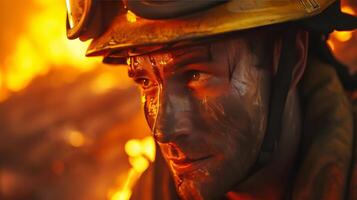 Firefighter in firemans helmet battling flames photo