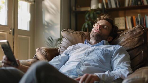Man relaxing on couch with remote control photo