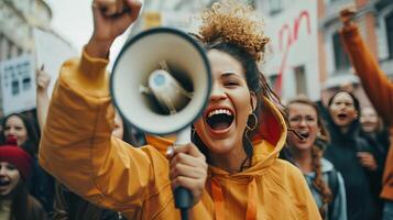 mujer participación megáfono en frente de multitud foto