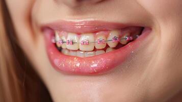 Close up of person with braces on their teeth photo