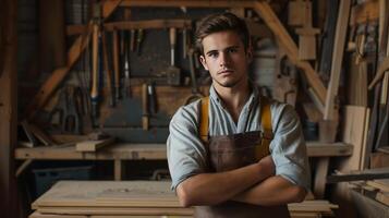 Man standing in workshop with arms crossed photo