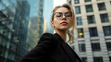 Woman wearing glasses standing in front of tall buildings photo
