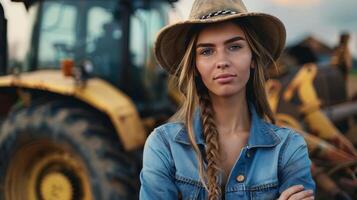 Woman standing in front of tractor with hat photo