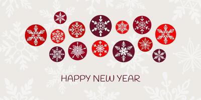 Happy New Year abstract design with snowflakes in round frames. Xmas, celebration concept. For poster, greeting card, flyer, social media. vector