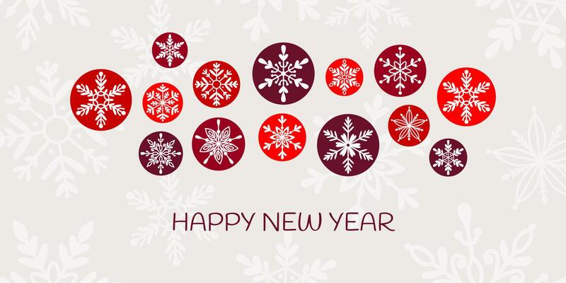 Happy New Year abstract design with snowflakes in round frames. Xmas, celebration concept. For poster, greeting card, flyer, social media.