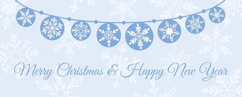 Merry Christmas and Happy New Year festive design with garland from snowflakes in flat style. Winter snowy blue background with snowflakes. Xmas decoration. vector